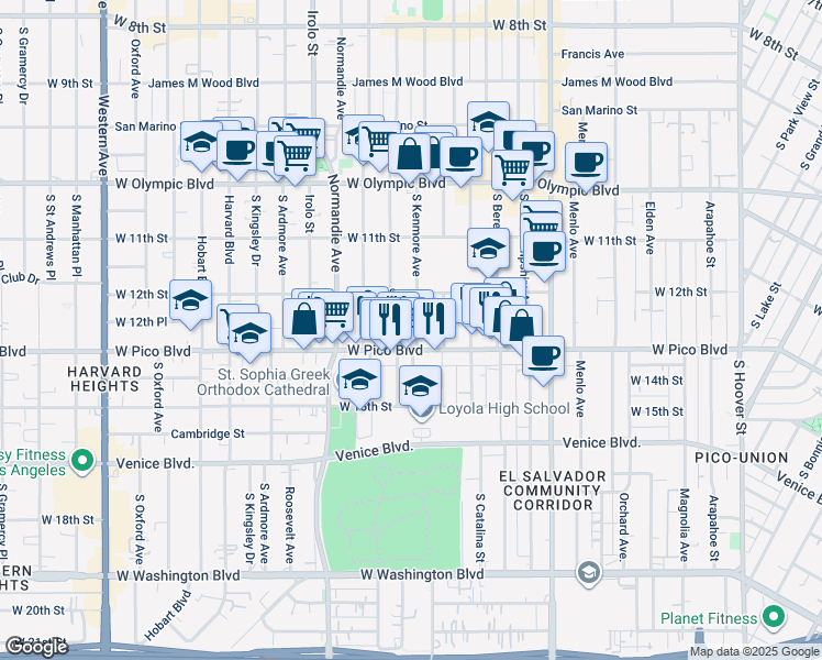map of restaurants, bars, coffee shops, grocery stores, and more near 1220 Fedora Street in Los Angeles