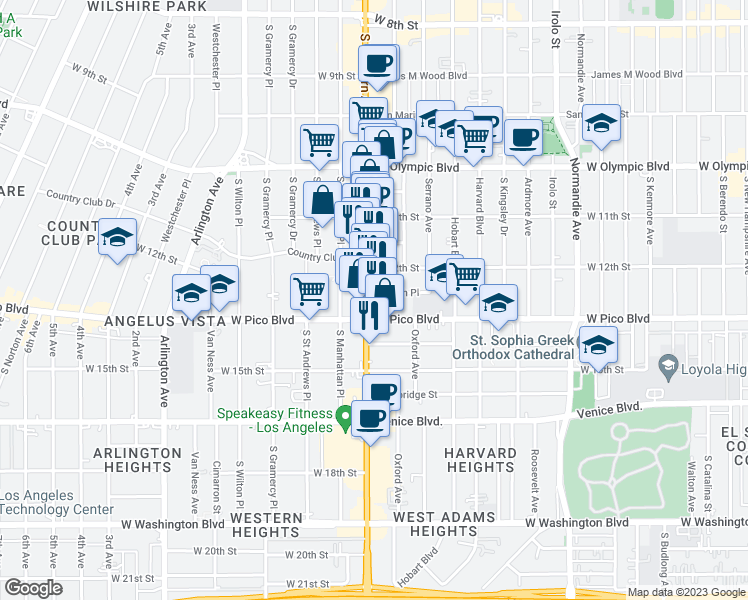 map of restaurants, bars, coffee shops, grocery stores, and more near 3055 West 12th Place in Los Angeles