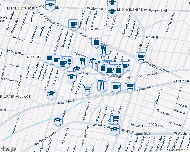 map of restaurants, bars, coffee shops, grocery stores, and more near 1370 South Cloverdale Avenue in Los Angeles