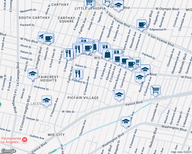 map of restaurants, bars, coffee shops, grocery stores, and more near 1515 South Spaulding Avenue in Los Angeles