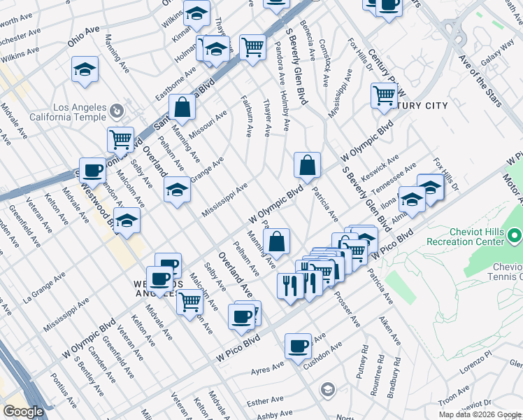 map of restaurants, bars, coffee shops, grocery stores, and more near 2146 Prosser Avenue in Los Angeles