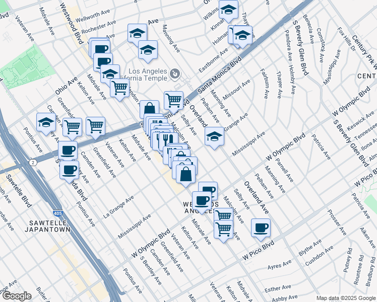 map of restaurants, bars, coffee shops, grocery stores, and more near 1940 Malcolm Avenue in Los Angeles