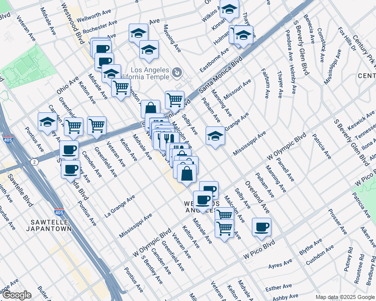 map of restaurants, bars, coffee shops, grocery stores, and more near 1940 Malcolm Avenue in Los Angeles