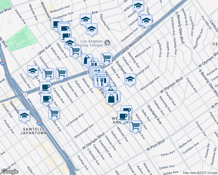 map of restaurants, bars, coffee shops, grocery stores, and more near 1912 Glendon Avenue in Los Angeles