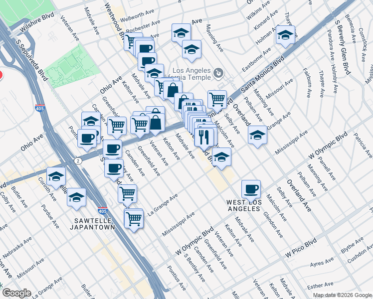 map of restaurants, bars, coffee shops, grocery stores, and more near 1844 Midvale Avenue in Los Angeles