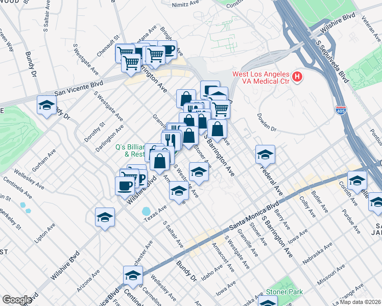 map of restaurants, bars, coffee shops, grocery stores, and more near 11785 Wilshire Boulevard in Los Angeles