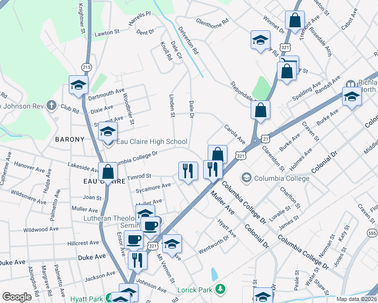 map of restaurants, bars, coffee shops, grocery stores, and more near 1025 Columbia College Drive in Columbia