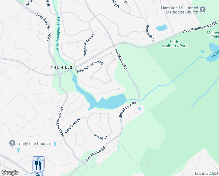 map of restaurants, bars, coffee shops, grocery stores, and more near 1581 Mulberry Lake Drive in Dacula