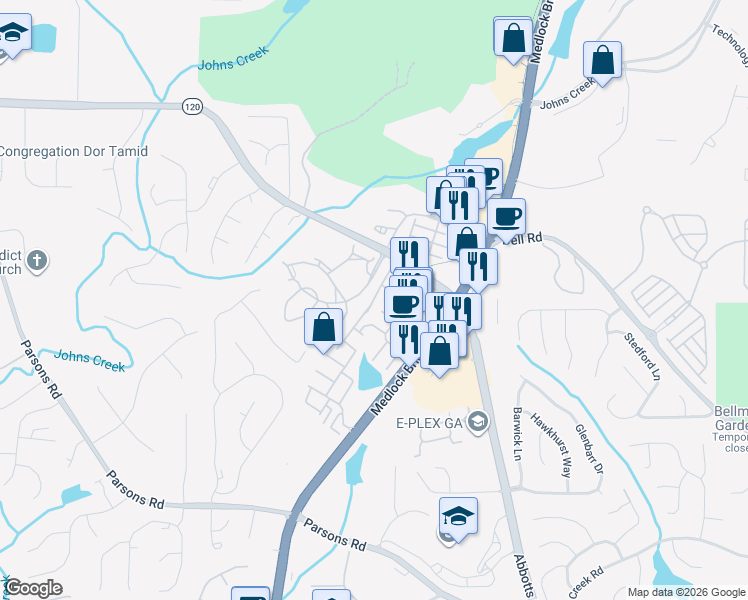map of restaurants, bars, coffee shops, grocery stores, and more near 11045 Brunson Drive in Duluth
