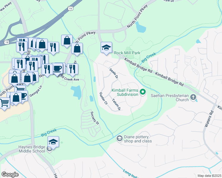 map of restaurants, bars, coffee shops, grocery stores, and more near 980 Gunter Court in Alpharetta