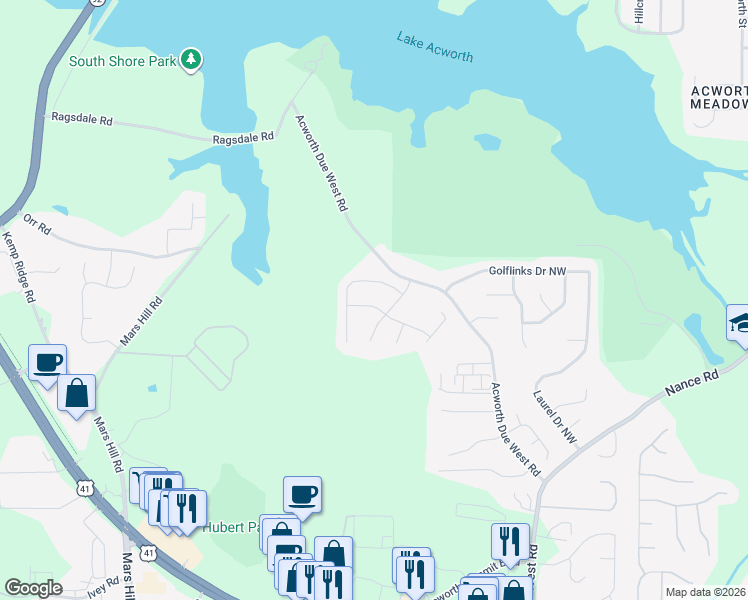 map of restaurants, bars, coffee shops, grocery stores, and more near 4407 Singletree Way in Acworth