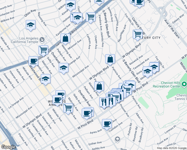map of restaurants, bars, coffee shops, grocery stores, and more near 2146 Prosser Avenue in Los Angeles