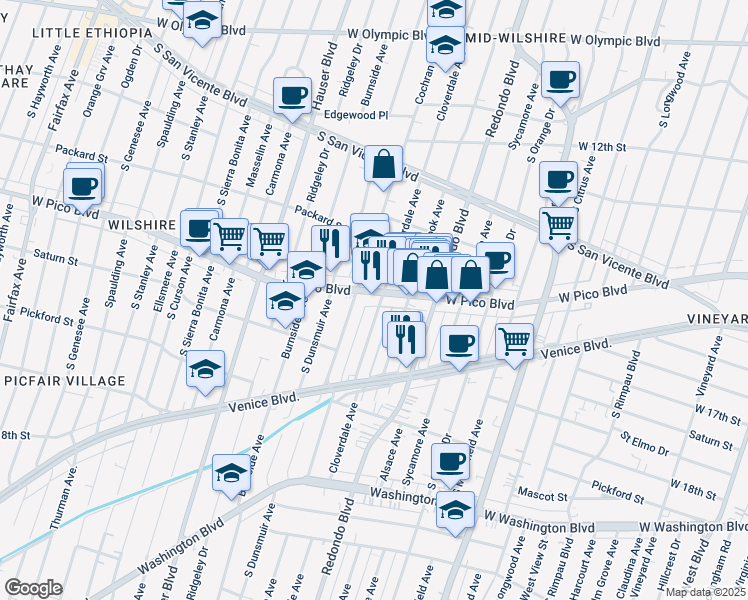 map of restaurants, bars, coffee shops, grocery stores, and more near 1370 South Cloverdale Avenue in Los Angeles