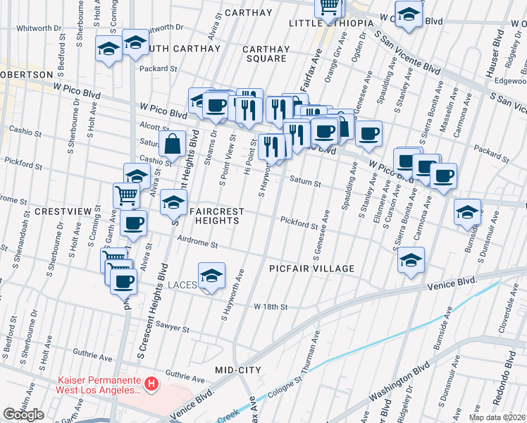 map of restaurants, bars, coffee shops, grocery stores, and more near 1570 South Hayworth Avenue in Los Angeles