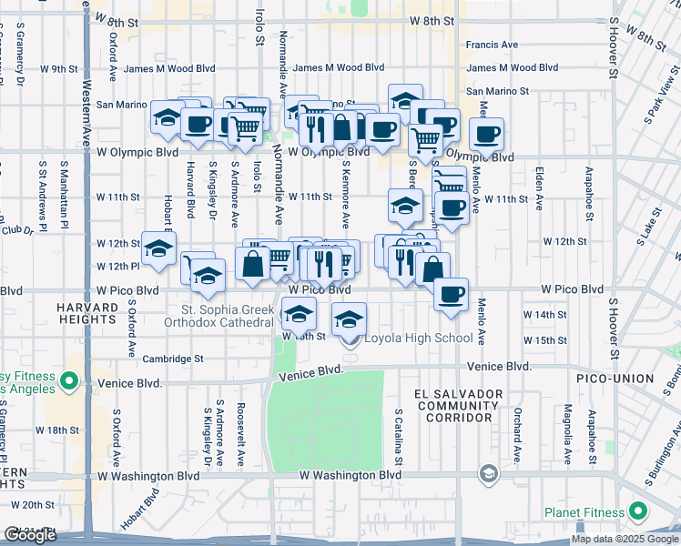 map of restaurants, bars, coffee shops, grocery stores, and more near 1241 South Kenmore Avenue in Los Angeles