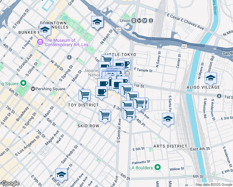 map of restaurants, bars, coffee shops, grocery stores, and more near 345 East 2nd Street in Los Angeles