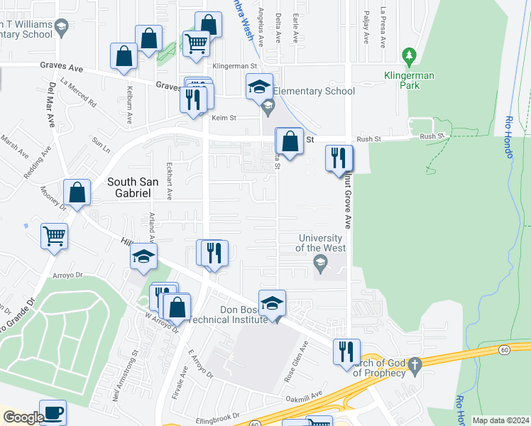 map of restaurants, bars, coffee shops, grocery stores, and more near 8341 Elsmore Drive in Rosemead