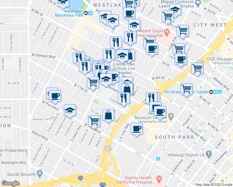 map of restaurants, bars, coffee shops, grocery stores, and more near 1441 West Olympic Boulevard in Los Angeles