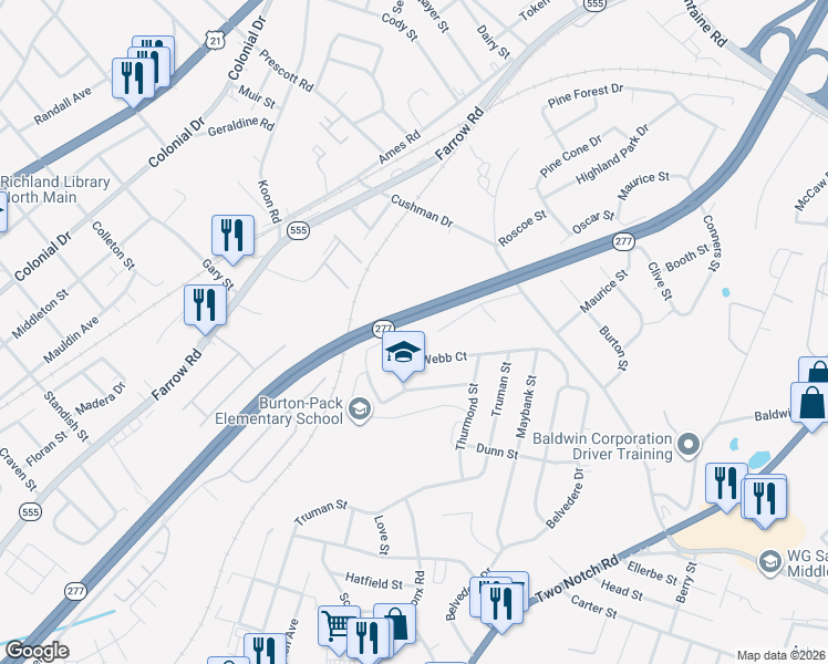 map of restaurants, bars, coffee shops, grocery stores, and more near 371 Garden Drive in Columbia
