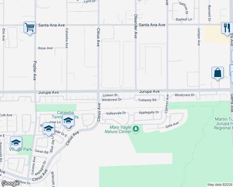 map of restaurants, bars, coffee shops, grocery stores, and more near 16224 Coleen Street in Fontana
