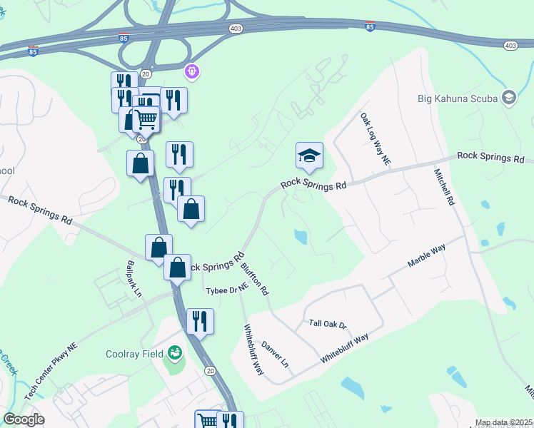 map of restaurants, bars, coffee shops, grocery stores, and more near 1375 Rock Springs Road in Buford