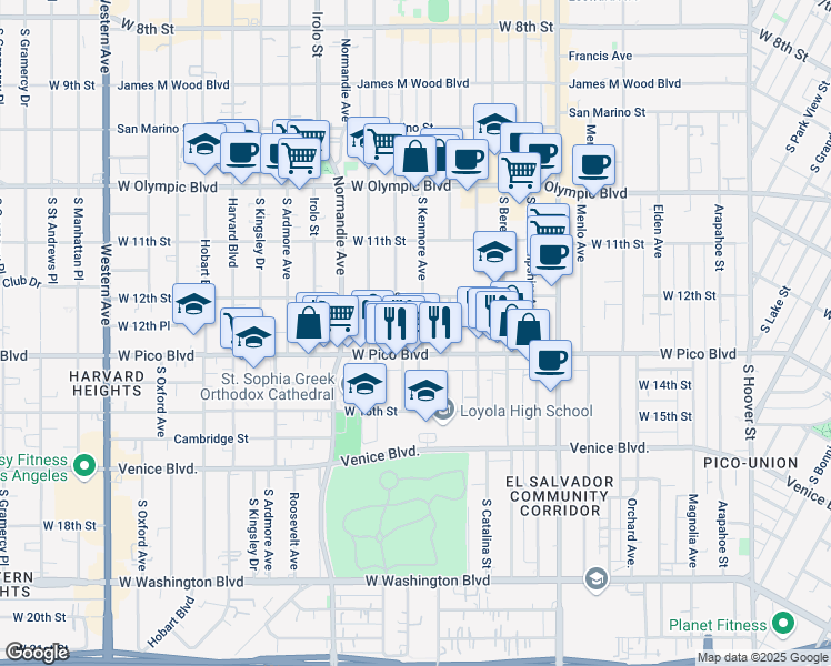 map of restaurants, bars, coffee shops, grocery stores, and more near 1241 South Kenmore Avenue in Los Angeles