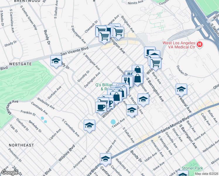 map of restaurants, bars, coffee shops, grocery stores, and more near 11848 Kiowa Avenue in Los Angeles