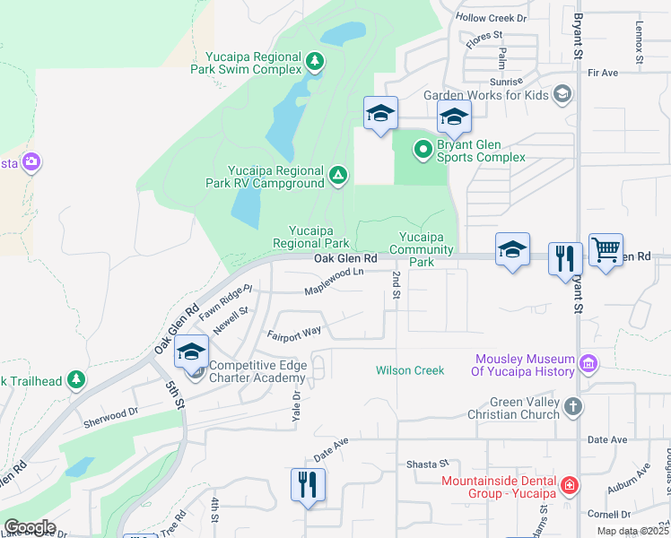 map of restaurants, bars, coffee shops, grocery stores, and more near 34762 Maplewood Lane in Yucaipa