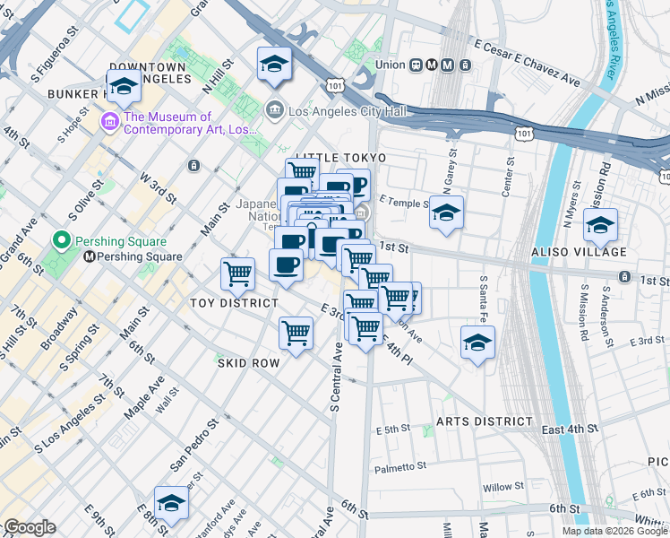 map of restaurants, bars, coffee shops, grocery stores, and more near 366 East 2nd Street in Los Angeles