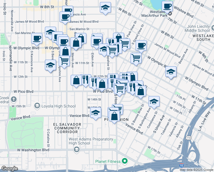 map of restaurants, bars, coffee shops, grocery stores, and more near 1237 Arapahoe Street in Los Angeles