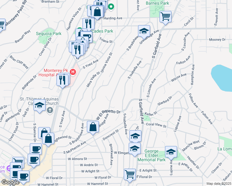 map of restaurants, bars, coffee shops, grocery stores, and more near 1100 Grandridge Avenue in Monterey Park