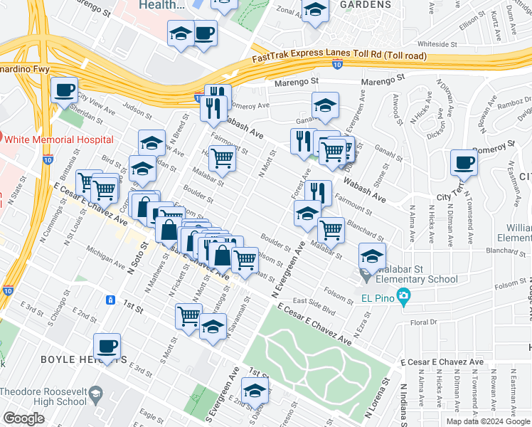 map of restaurants, bars, coffee shops, grocery stores, and more near 2737 Malabar Street in Los Angeles