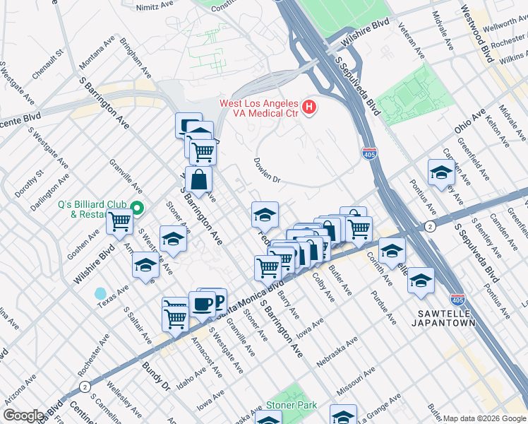 map of restaurants, bars, coffee shops, grocery stores, and more near 11535 Rochester Avenue in Los Angeles