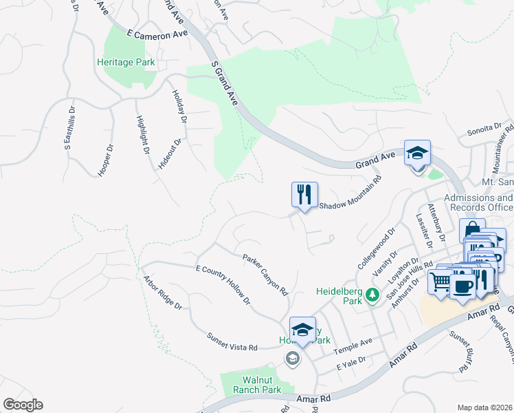 map of restaurants, bars, coffee shops, grocery stores, and more near 20033 East Skyline Drive in Walnut