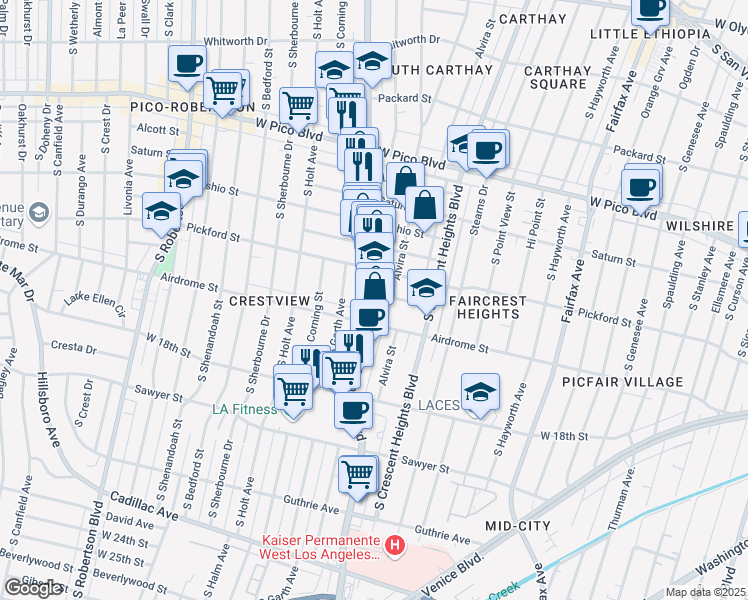 map of restaurants, bars, coffee shops, grocery stores, and more near 1632 La Cienega Boulevard in Los Angeles