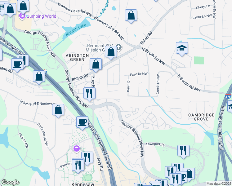 map of restaurants, bars, coffee shops, grocery stores, and more near 949 Shiloh Ridge Run Northwest in Kennesaw