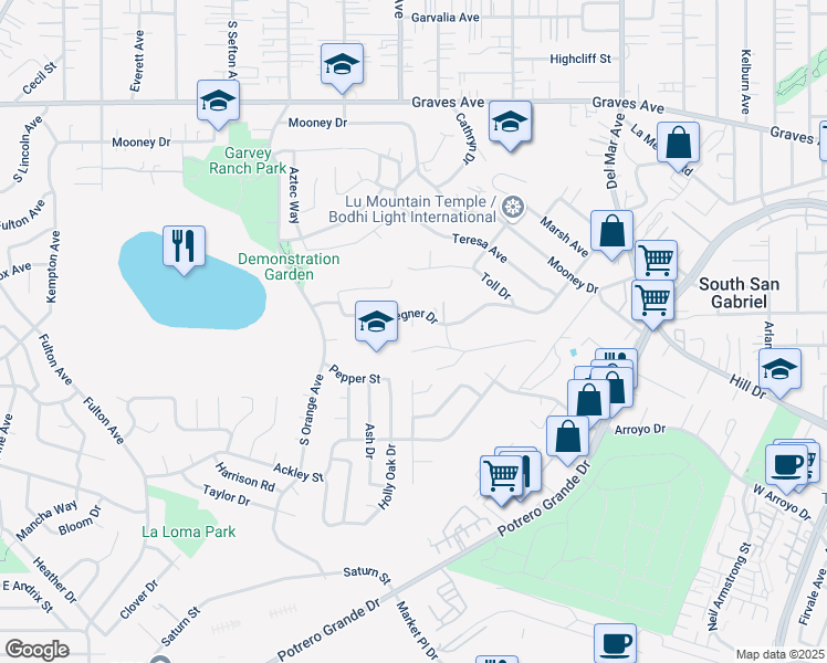 map of restaurants, bars, coffee shops, grocery stores, and more near 7210 Tegner Drive in Rosemead