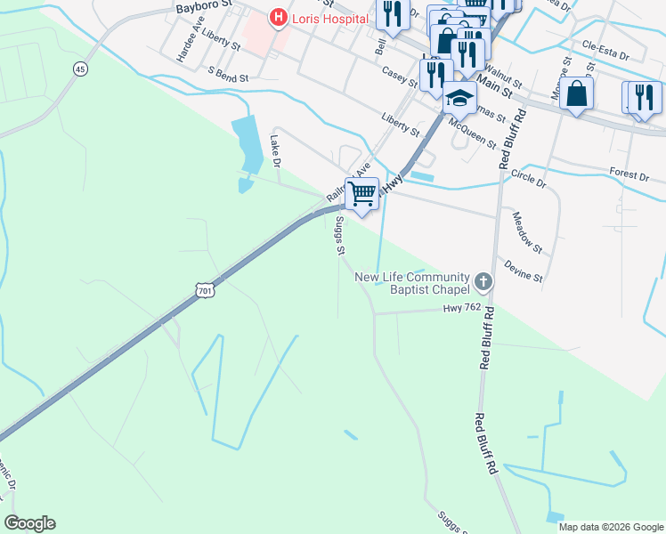 map of restaurants, bars, coffee shops, grocery stores, and more near 180 Sparrow Lane in Loris