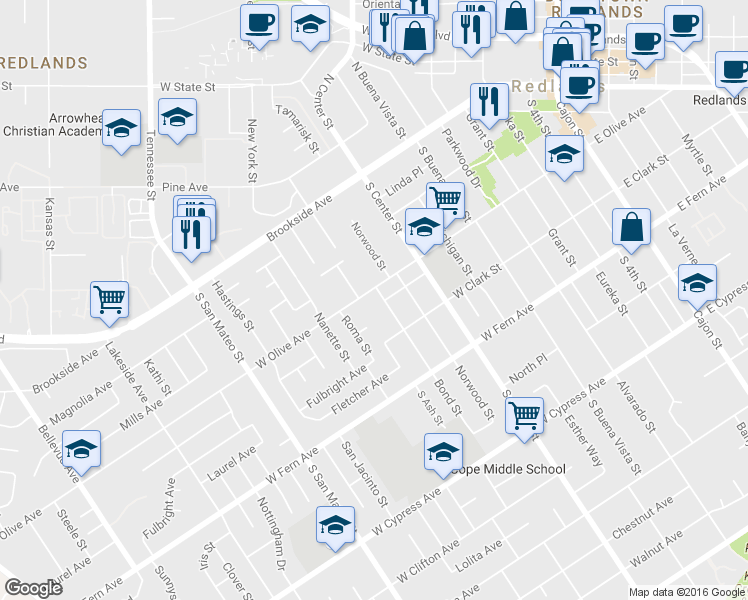 map of restaurants, bars, coffee shops, grocery stores, and more near 903 West Olive Avenue in Redlands