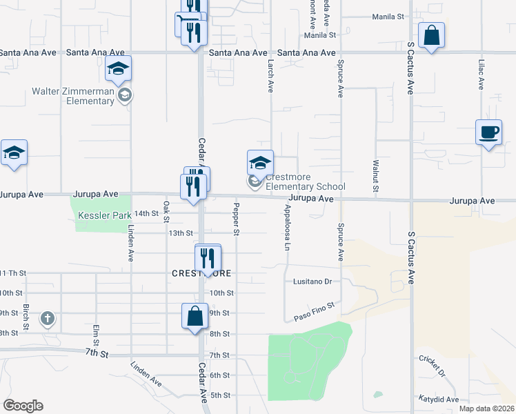 map of restaurants, bars, coffee shops, grocery stores, and more near 18862 14th Street in Bloomington