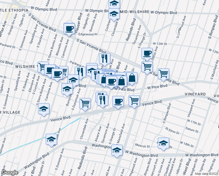 map of restaurants, bars, coffee shops, grocery stores, and more near West Pico Boulevard in Los Angeles