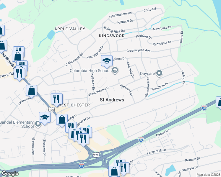 map of restaurants, bars, coffee shops, grocery stores, and more near 1720 Westchester Drive in Columbia