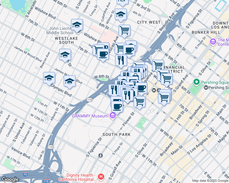 map of restaurants, bars, coffee shops, grocery stores, and more near 889 Francisco Street in Los Angeles