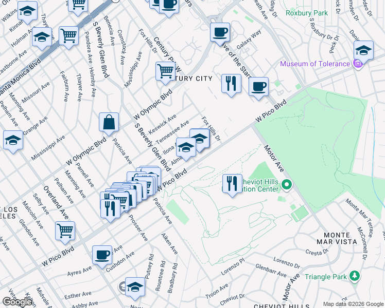 map of restaurants, bars, coffee shops, grocery stores, and more near 2360 Kerwood Avenue in Los Angeles