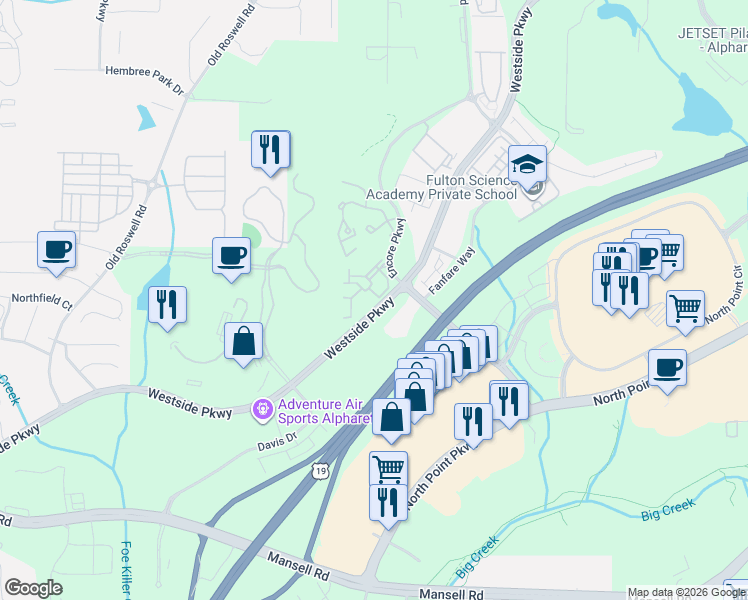 map of restaurants, bars, coffee shops, grocery stores, and more near 204 Arpeggio Way in Alpharetta
