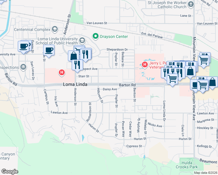 map of restaurants, bars, coffee shops, grocery stores, and more near 25118 Daisy Avenue in Loma Linda