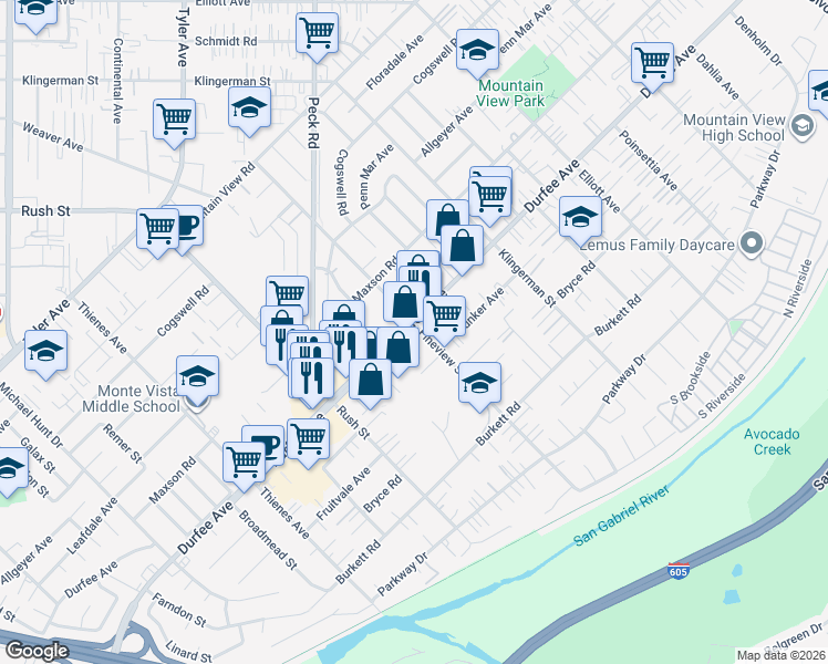 map of restaurants, bars, coffee shops, grocery stores, and more near 2160 Durfee Avenue in El Monte
