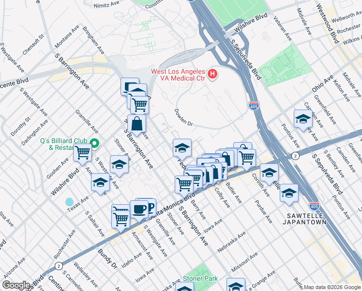 map of restaurants, bars, coffee shops, grocery stores, and more near 11535 Rochester Avenue in Los Angeles