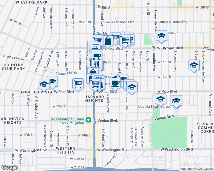 map of restaurants, bars, coffee shops, grocery stores, and more near 1223 South Serrano Avenue in Los Angeles
