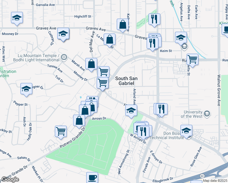 map of restaurants, bars, coffee shops, grocery stores, and more near 1532 Owens Court in Rosemead